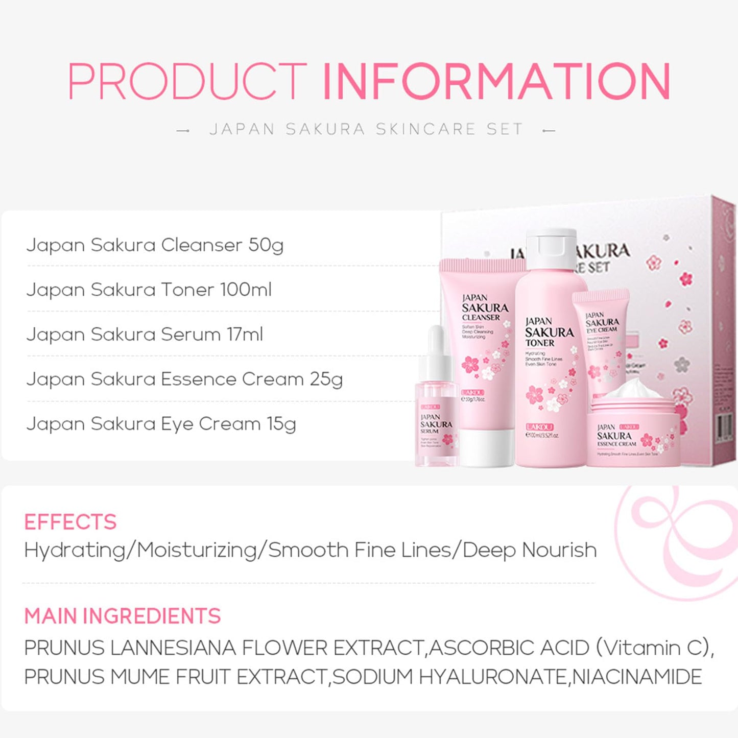 ChicNana SkinCare Set, JAPAN Sakura Skin Care Sets & Kits, Cleanser, Toner, Serum, Eye Cream, Face Cream, Skin Care Gift Set, Hair Care Gift Set for Teenage Girls(5pcs)