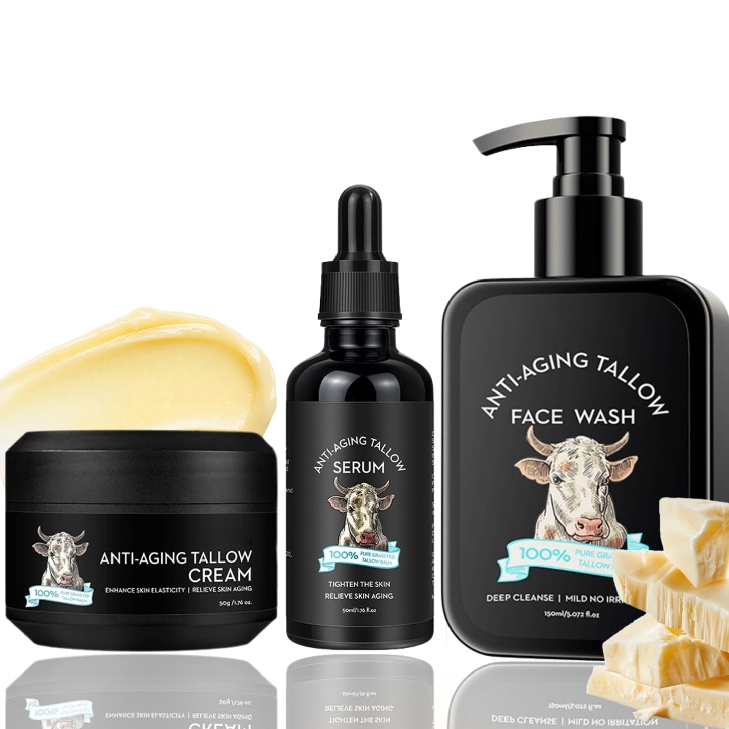 Wrinkle Defense Tallow Balm,3PCS Beef Tallow Skin Care for Men Fathers Day, Mens Gift Set for Dad Face Cream & Face Serum & Face Cleanser, Natural Tallow Moisturizer for Anti-Wrinkle,Hydration&Firming