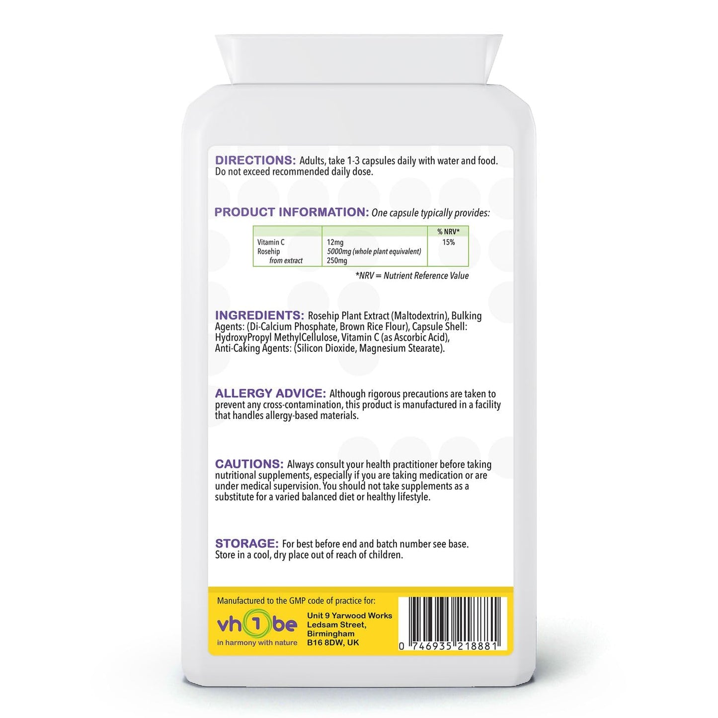 vh1be Rosehip Extract Supplements, 5000mg, 120 Capsules, 4 Months' Supply, with Rosacanina and Vitamin C, Supports Bones, Cartilage and Collagen Formation, Non-GMO, Gluten-Free, UK Made to GMP Standards