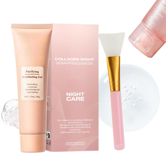 Collagen Night Wrapping Mask Skin Care Set - Collagen Face Mask Beauty Gift Set - Facial Overnight Wrapping Peel Off Mask and Purifying Exfoliating Gel - Reduce Sagging & Dullness (3pcs)