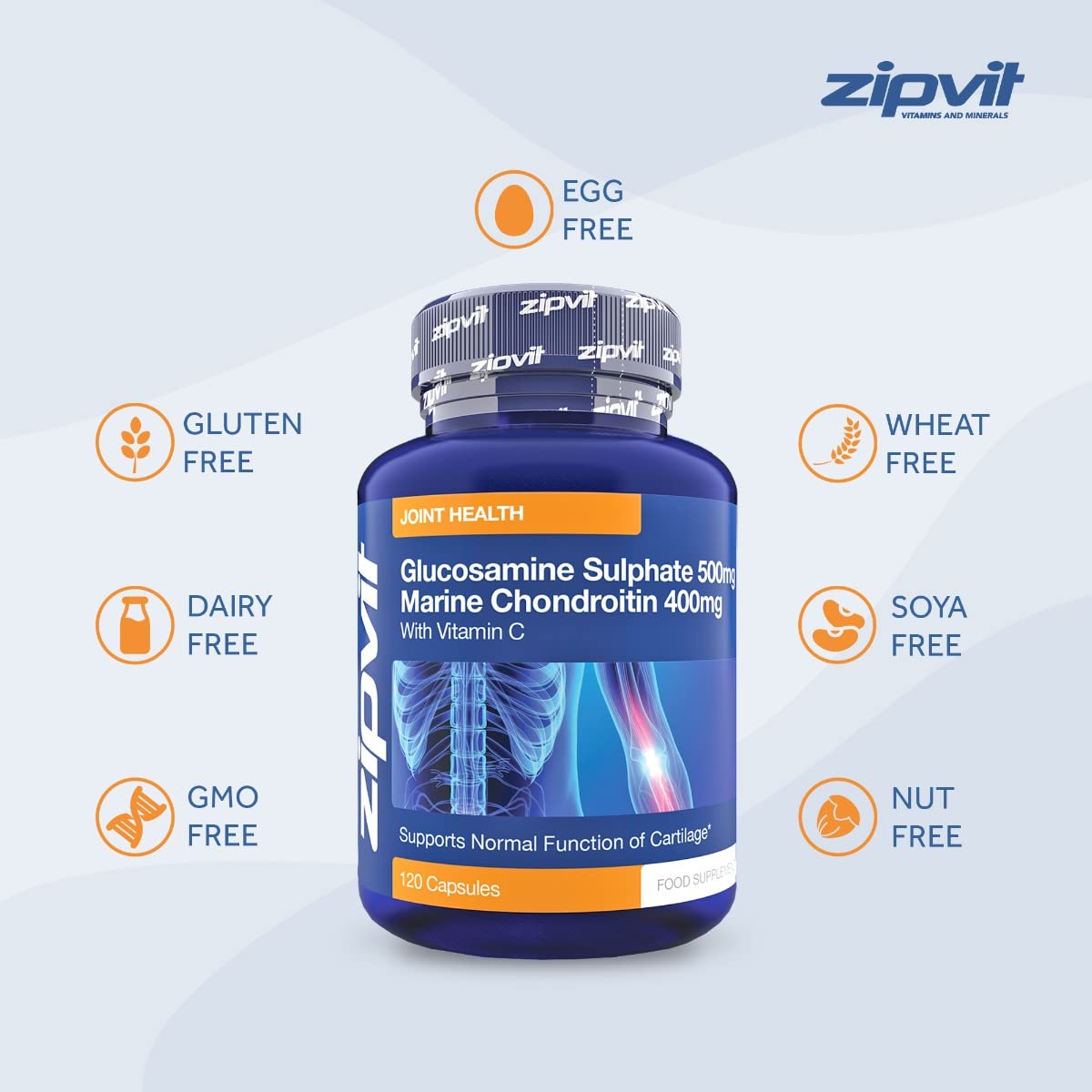 Glucosamine and Chondroitin high Strength, 120 Capsules. Maintains Normal Joint Cartilage. Glucosamine and Chondroitin Capsules with Vitamin C Joint Care Supplement. UK Supplier.
