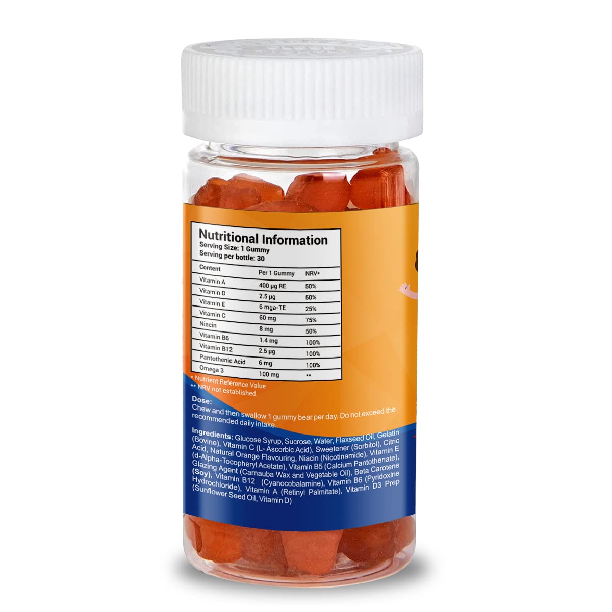 Chewable Multivitamin & Omega3 Bear Gummies for Kids - Children's Orange Flavour - 30 Count- Age 3 Upward- Omega 3 Supplement, with Vitamin C, A, B, D & Vitamin E.