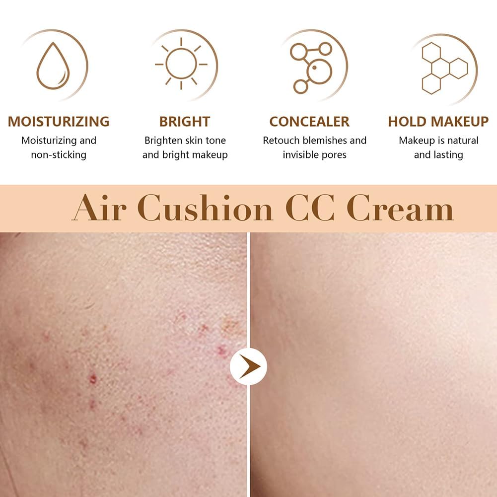 Mushroom Head Air Cushion CC Cream,Moisturizing Concealer Cream, Full Coverage Foundation,Moisturizing BB Cream Makeup Base Long Lasting with Mushroom Makeup Sponge (Natural)
