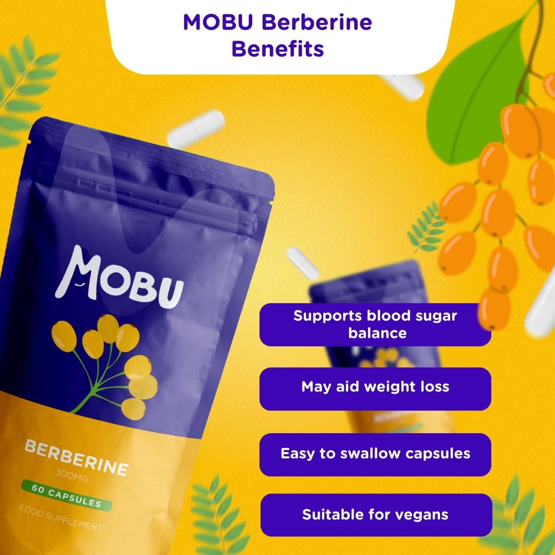 MOBU - Berberine 300mg Capsules | Support Cholesterol, Gut Health Booster | Formulated in The UK, Vegan, Weight Management Aid for Men & Women | PCOS Relief, Gluten Free - 60 Capsules