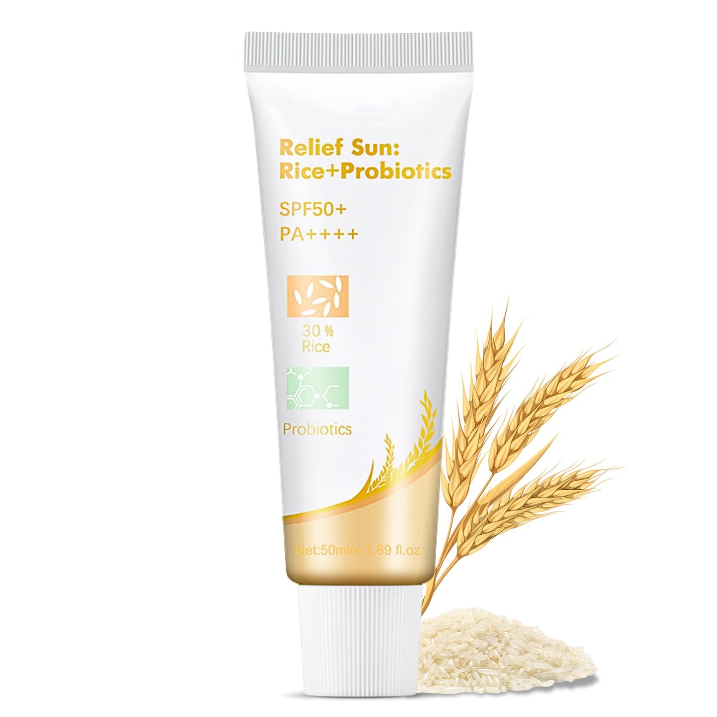 TBeautfave Rice Sunscreen SPF 50+, Relief Sun Rice + Probiotics SPF 50 + Sun Cream, Moisturizing Suncream Factor 50 for Face Body, Korean Sunscreen for Dry Sensitive Skin, No White Cast, 50ml