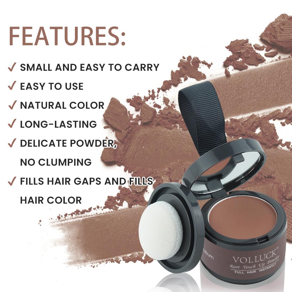 VOLLUCK Root Touch Up Hair Powder, Root Cover Up Hairline Shadow Powder for Thinning Hair for Women and Men, Bald Spots, Eyebrows, Beard Line (Auburn)