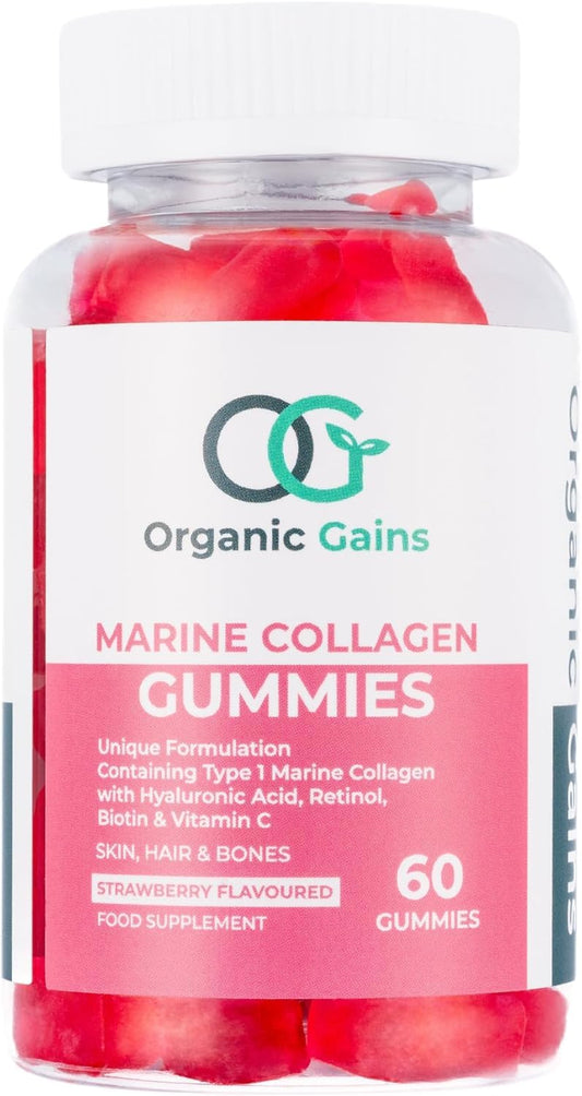 Organic Gains OG Marine Collagen Gummies | Superior Type 1 Hydrolysed Collagen Peptides | Unique Formulation with Hyaluronic Acid, Retinol, Biotin and Vitamin C