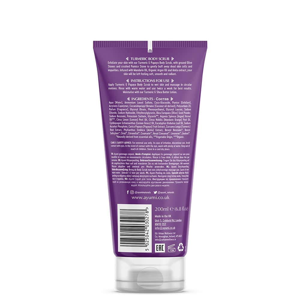 Ayumi Turmeric & Papaya Body Scrub, With Ground Olive Stones & Crushed Pumice Stone to Buff Away Dead Skin Cells, For Smooth & Radiant Skin 1 x 200ml