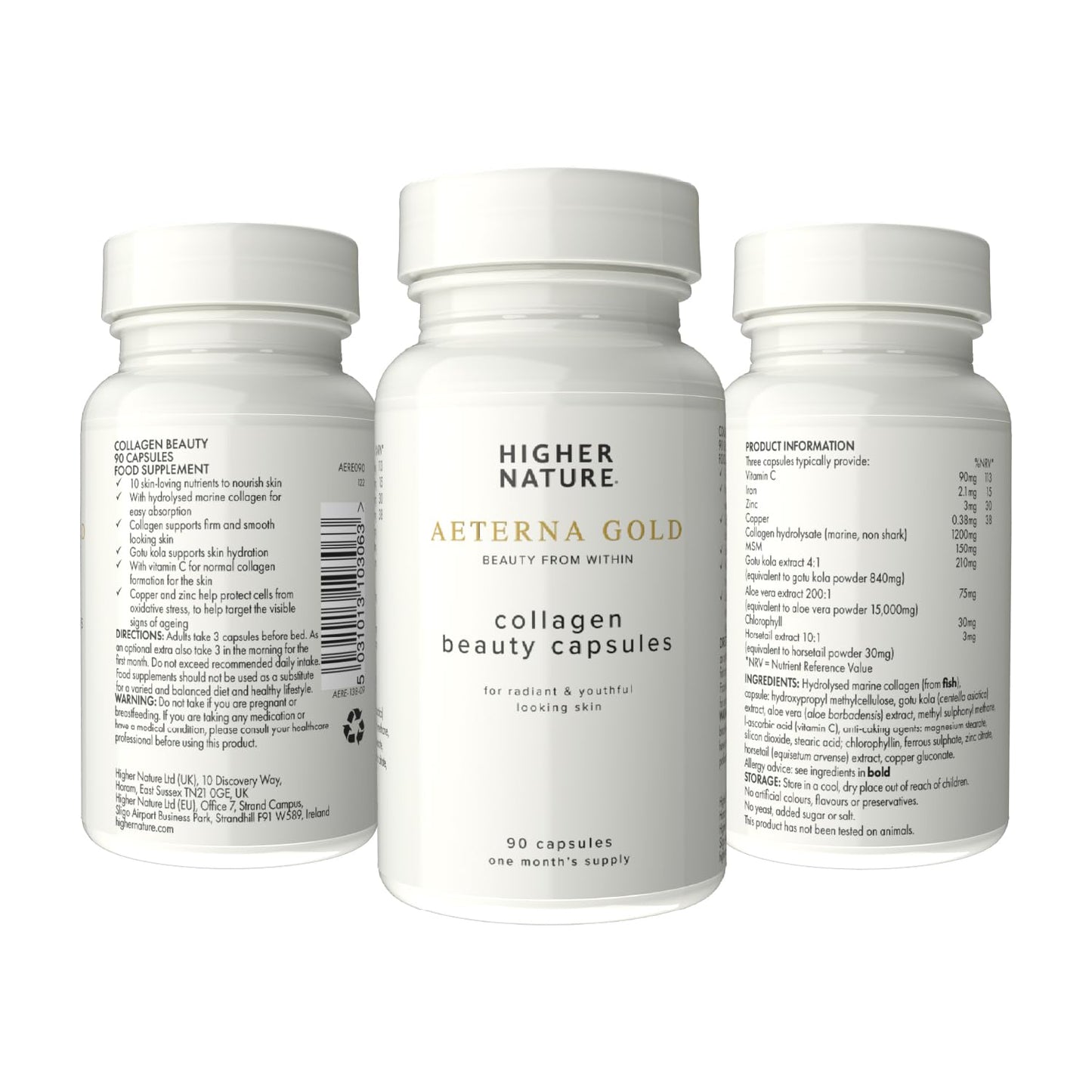 HIGHER NATURE Higher Nature - Æterna Gold Collagen Beauty Capsules - 10 Skin Loving Ingredients - Hydrolysed Marine Collagen - Vitamin C - Responsibly Sourced - 90 Capsules