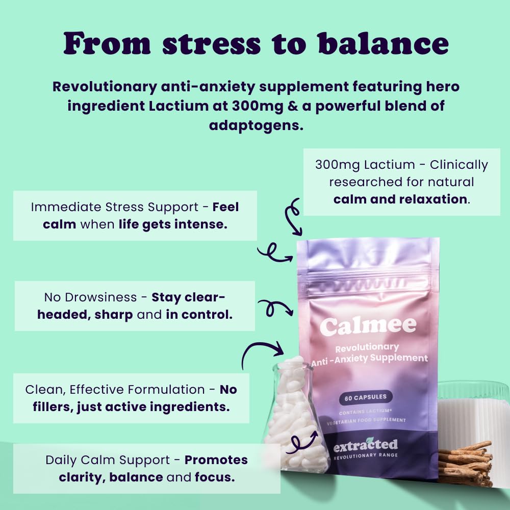 Extracted Calmee Natural Anxiety & Stress Relief Supplement - High Potency Advanced Formula with 300mg Lactium, Ashwagandha, Holy Basil & Vitamin B6, Mood Support, 60 Vegetarian Capsules