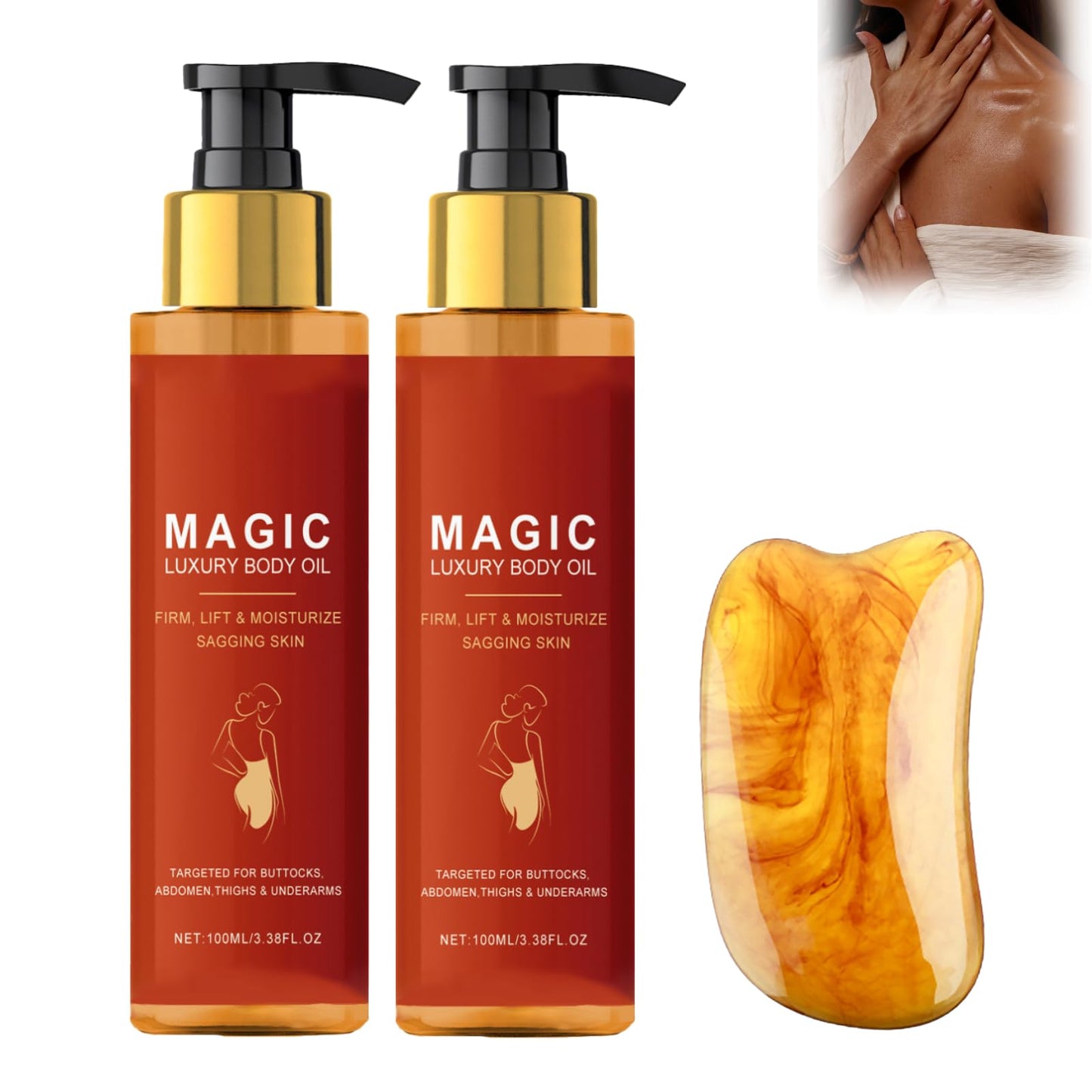 2PCS Firming Body Oil,Magic Body Oil with Gua Sha Tool,Skin Tightening Body Moisturiser for Women, Hydrates Dry Skin, Visibly Reduces Fine Lines & Enhances Glow,Massage Oil with Rose & Lavender