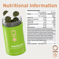 Nutriburst - NutriGreens - 22 Fruits + Vegetables + Herbs + Mushrooms + Live Bacteria Cultures - Boosted with Vitamins: Zinc, VIT C, D3, B5, B6, B12-60 Gummies 1 Month Supply - Suitable for Vegans