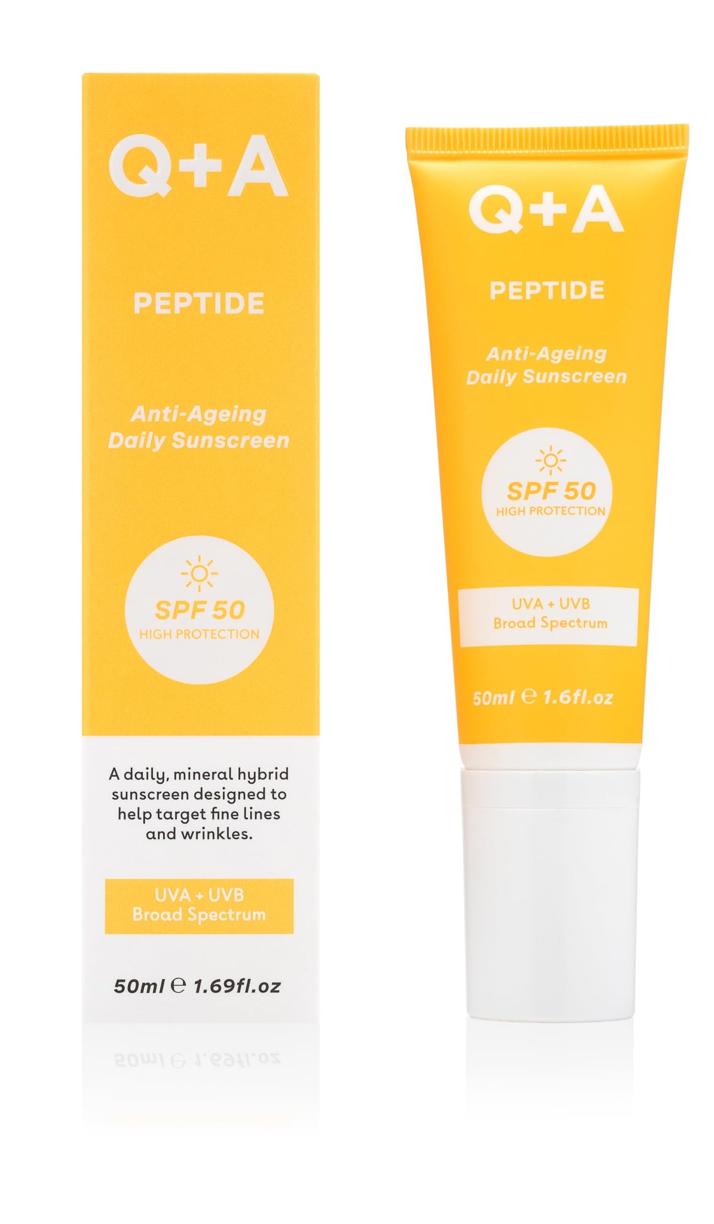 Q+A Peptide Anti-Ageing Daily Sunscreen SPF 50: Lightweight, Non-Sticky, Broad-Spectrum UVA/UVB, Collagen-Boosting, Hydrating, Radiance-Enhancing, 95% Natural, Vegan, Facial SPF, 50ml