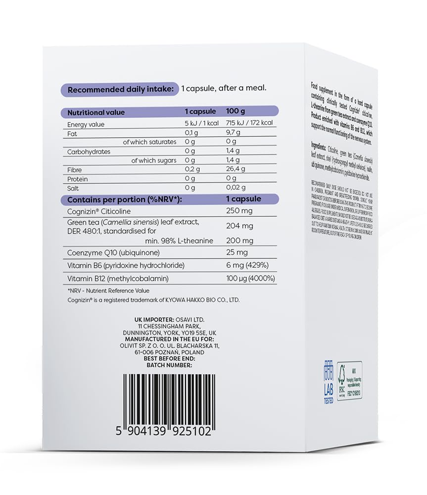 Osavi Neuropower with Citicoline 250 mg – 30 Vegan Capsules | Supports Nervous System & Psychological Health | Includes Cognizin® Citicoline, L–Theanine, Coenzyme Q10, B6 & B12 for Mental Clarity