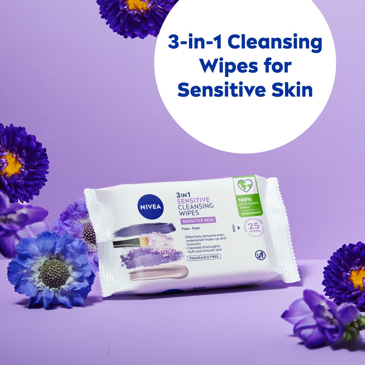NIVEA Biodegradable Cleansing Wipes Sensitive Skin, Wipes from 100 percent Plant Fibres, Sensitive Make-Up Wipes, Face Wipes Makeup Remover, 25 Count (Pack of 1)