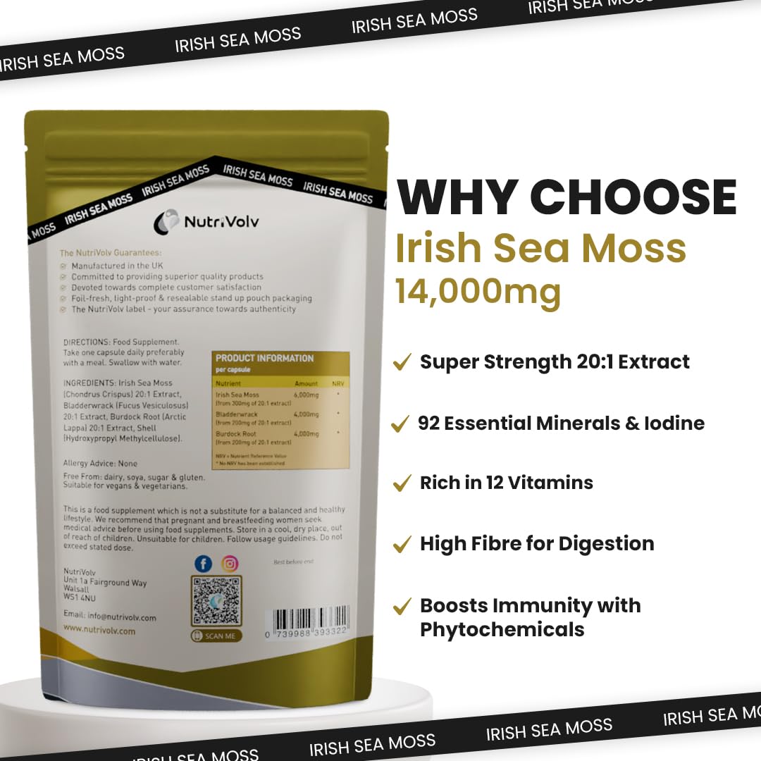 NutriVolv Irish Sea Moss, Bladderwrack & Burdock Root Complex 14,000mg | 120 High Strength Capsules Providing 120 Day Supply | North Atlantic Irish Sea Moss Supplement | No Fillers or Binders | Vegan & UK Made
