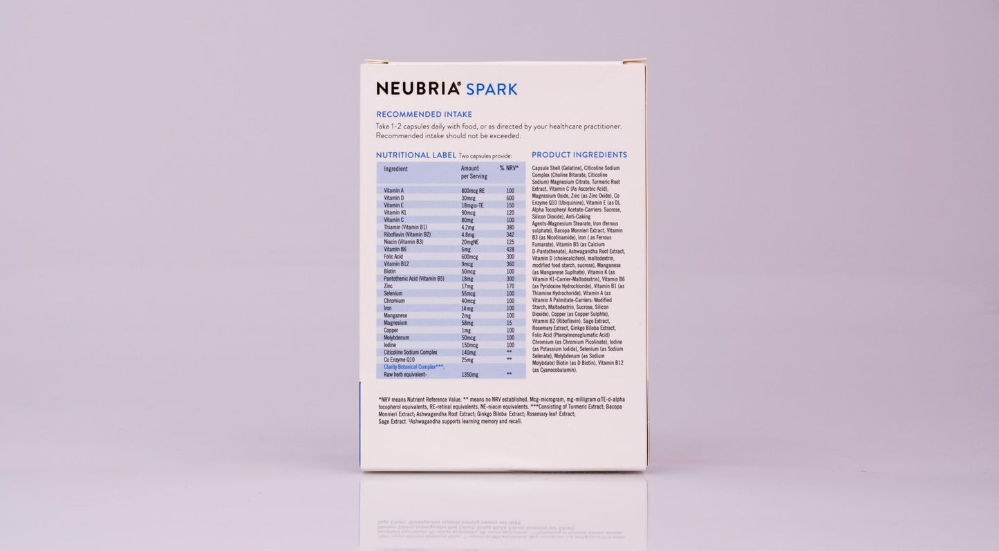NEUBRIA Spark Memory Support Supplement - Multivitamin for Adults with Turmeric, Bacopa Monnieri, Ginkgo Biloba – Nootropic for Cognitive Function, Focus Boost & Memory - 30 Capsules