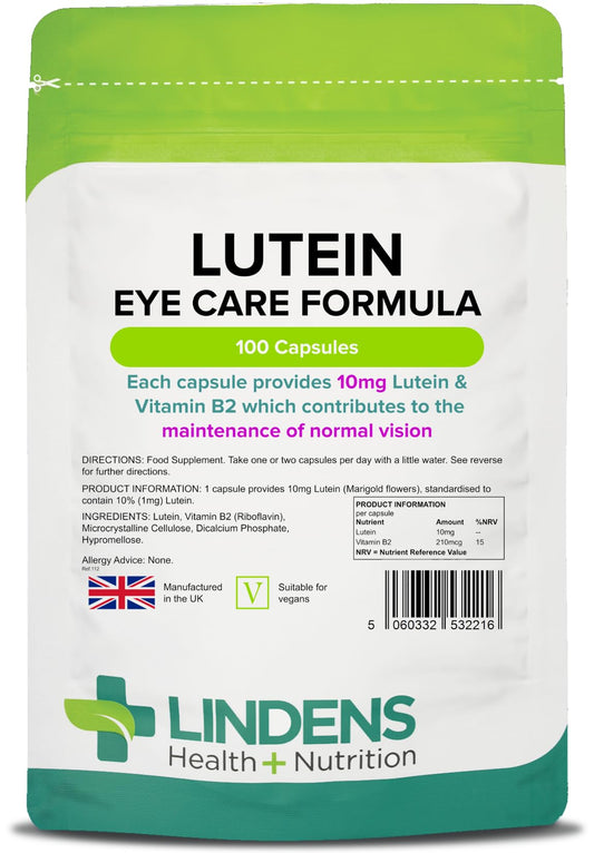 Lindens Lutein 10mg (Marigold Extract) Capsules - 100 Pack - Standardised Potent Extract & Rapid Release, Easy Swallow Capsule - UK Manufacturer, Letterbox Friendly