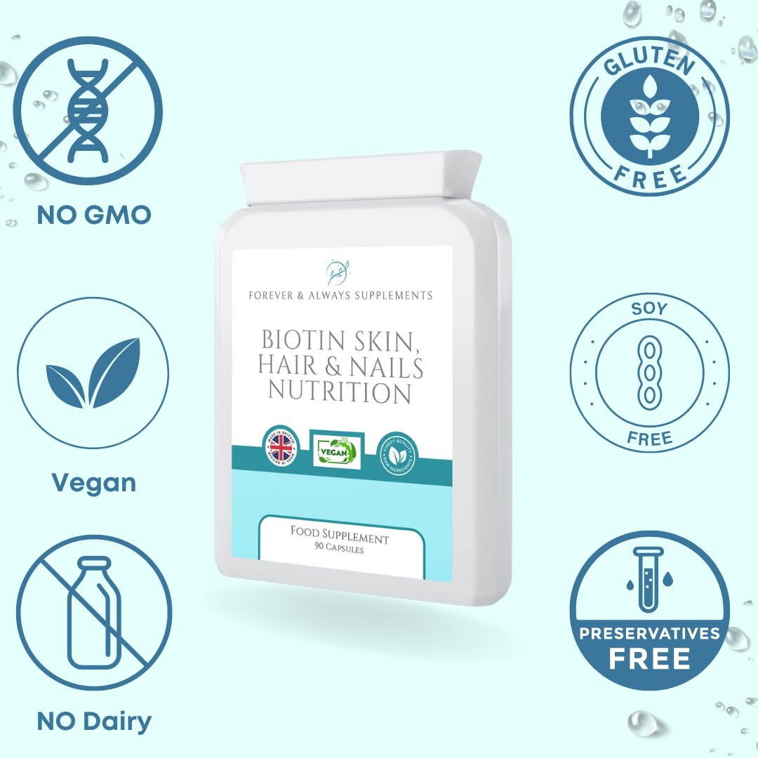 Forever & Always Supplements 90 x Vegan Hair Skin and Nails Vitamins for Women & Men, Vegan Collagen, biotin and zinc Complex for Hair Growth, Strong Nails & Healthy Skin