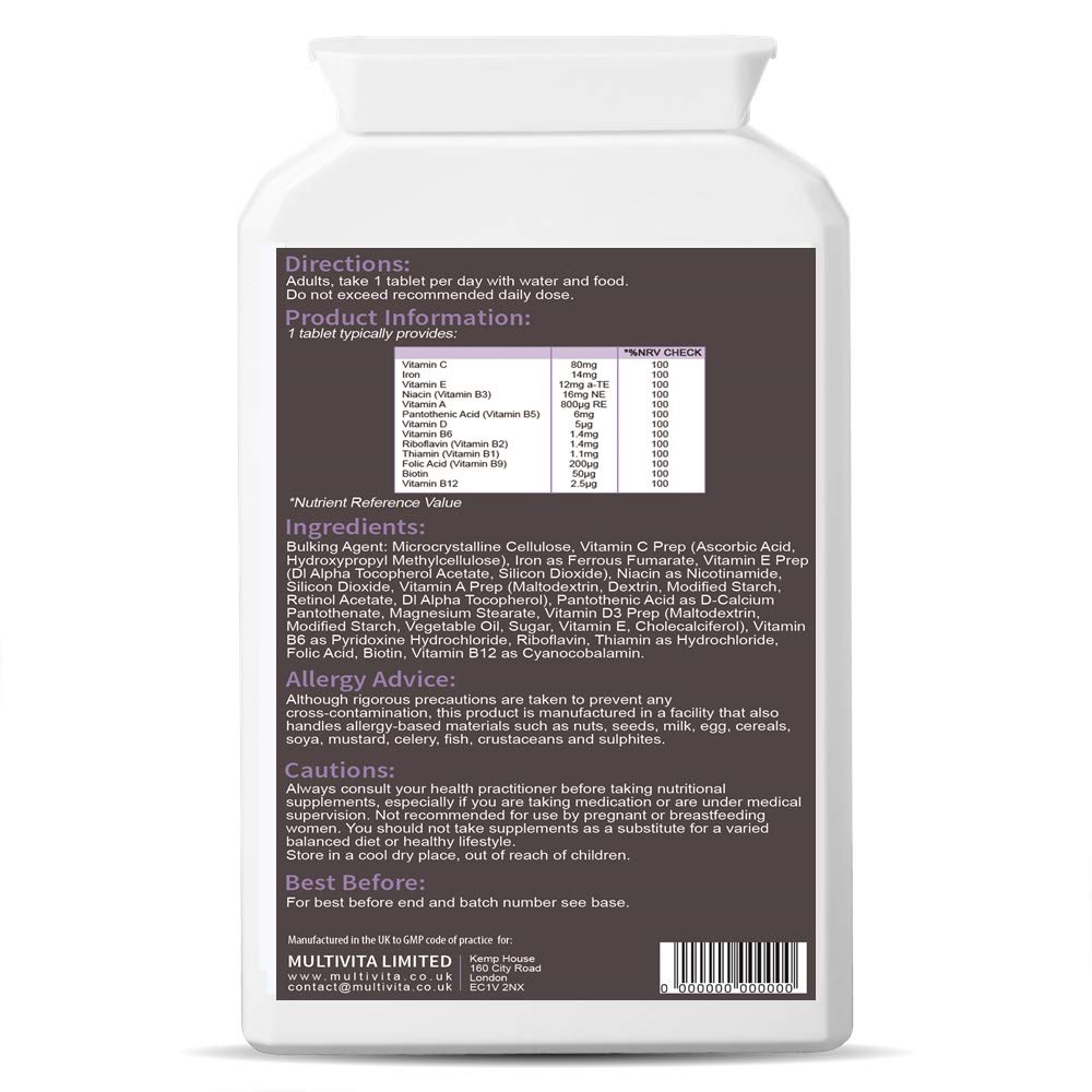 Multivitamins with Iron 180 One A Day Tablets - 13 Essential Vitamins & Minerals for Men and Women - Vitamins A, C, D, E, B1, B2, B3, B5, B6, B9, B12 & More - 6 Months Supply, UK Made to GMP Standards