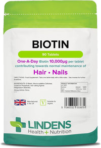 Lindens Biotin 10mg Tablets - 360 Pack - Contributes Towards Normal Hair and Nail Strength for Women & Men with Each Serving Contains 100X Nrv of Biotin - UK Manufacturer, Letterbox Friendly