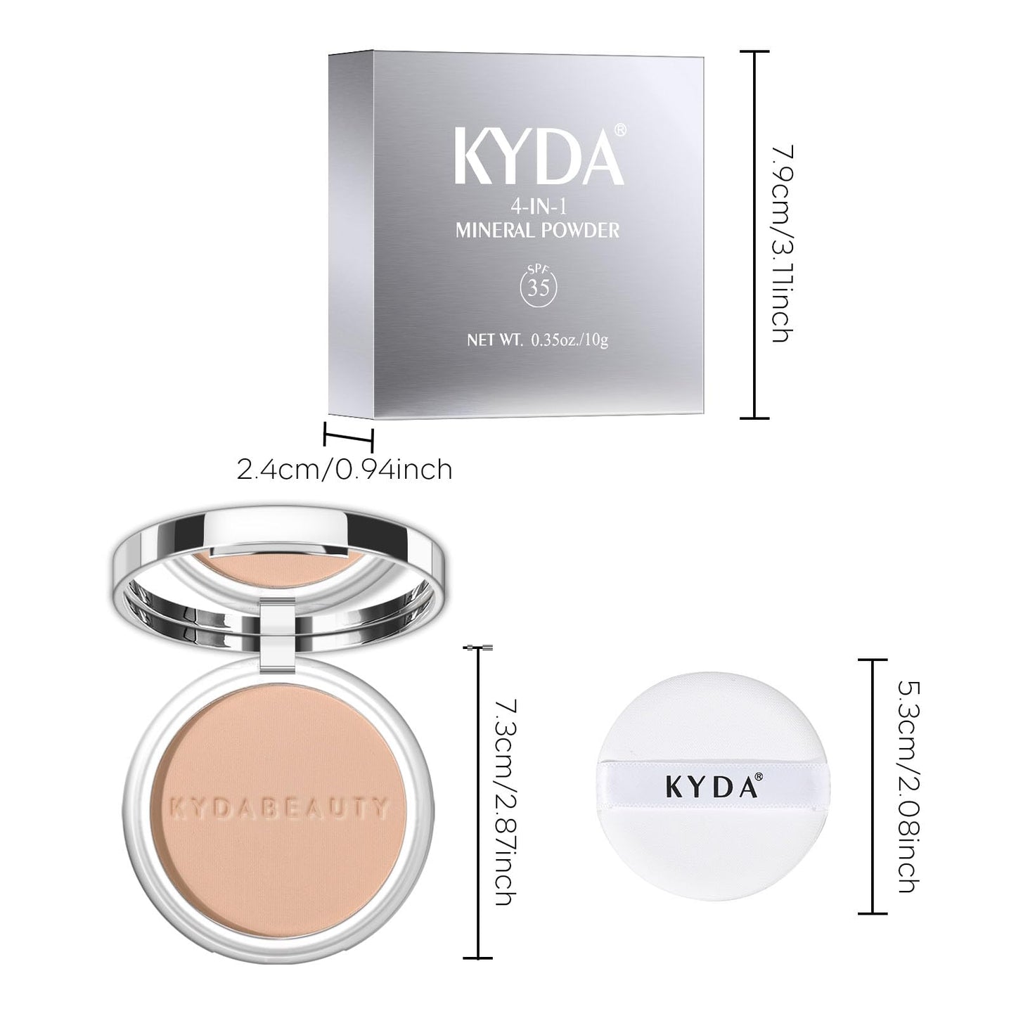 KYDA Mineral Powder SPF 35, 4-in-1 Pressed Mineral Powder, Matte Setting Powder with Concealer and Foundation, Lightweight Flawless Coverage, Skin Care Formula, Medium