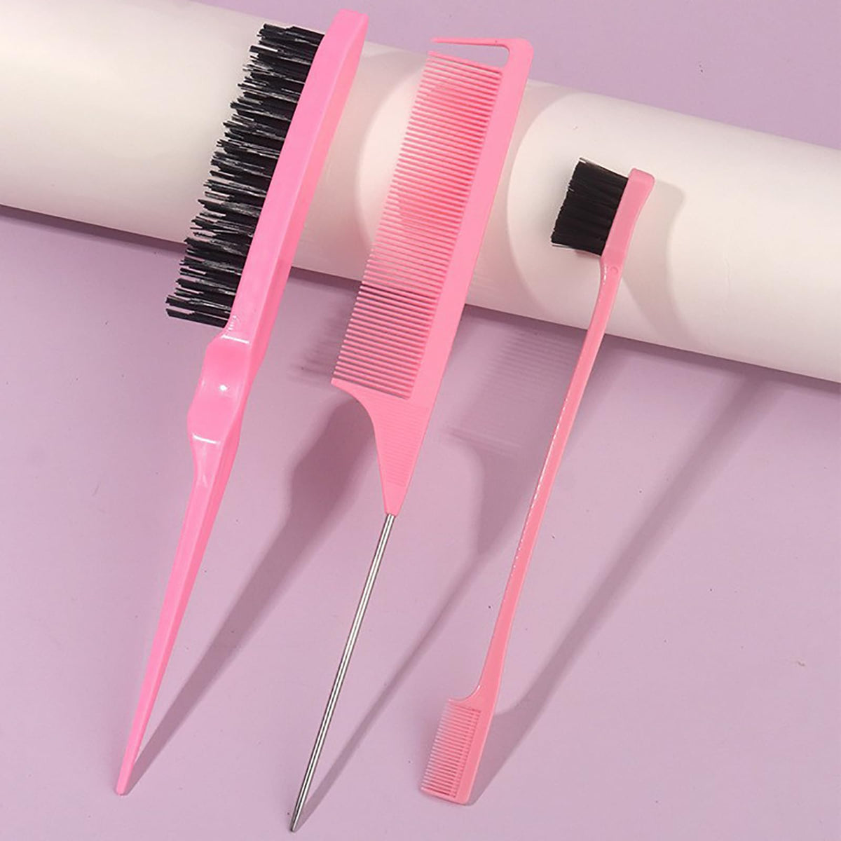 Luoqun88 3 Pcs Hair Styling Brush Set - Double Sided Edge Control Brush, Rat Tail Comb & Bristle Hair Brush for Home, Salon, and Travel (Pink)