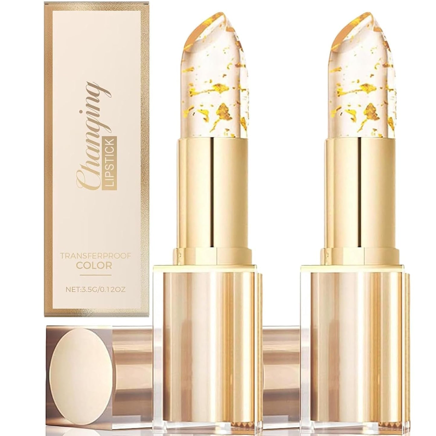 WujialingMM 2PCS Transferproof Color Changing Lipstick,Gold Crystal Colors Changing Lipsticks,Color Changings Lipstick Gold Foil,Moisturizer Long Lasting Lip Balm for Women