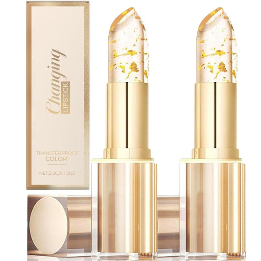 WujialingMM 2PCS Transferproof Color Changing Lipstick,Gold Crystal Colors Changing Lipsticks,Color Changings Lipstick Gold Foil,Moisturizer Long Lasting Lip Balm for Women