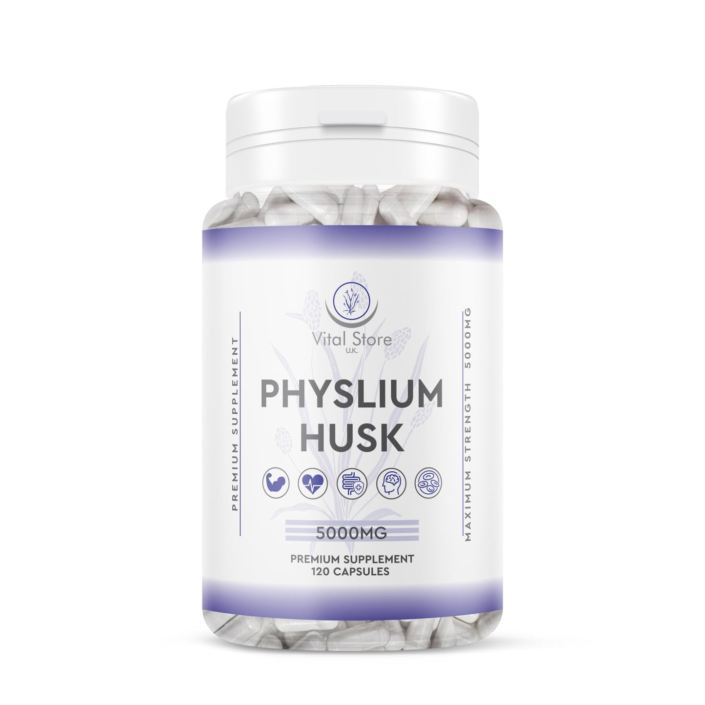 Physlium Husk 5000mg - 4 Month Supply 120 Capsules - Vegan Physlium Husk