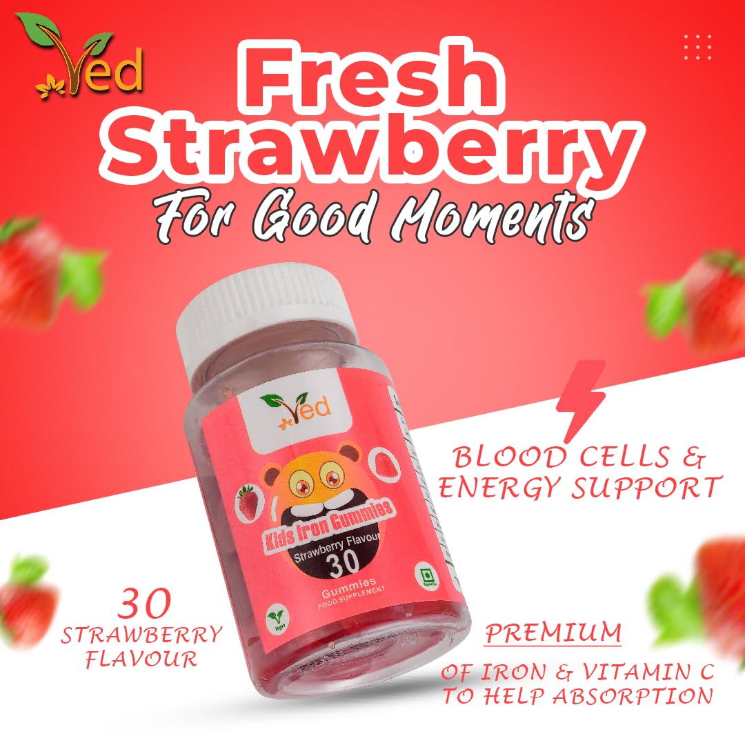 Ved Kids Iron Gummies for Iron Supplement, Energy & Immune System Strawberry Flavour-15 Days Supply, Vegan Iron for Kids - 30 Chewable Kids Vitamins Gummies (15 Days Supply)