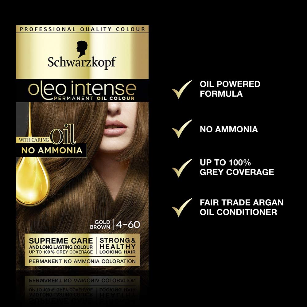 Schwarzkopf Oleo Intense Brown Hair Dye, 3-Pack Permanent Oil Colour, No Ammonia, Covers Greys, Gold Brown 4-60