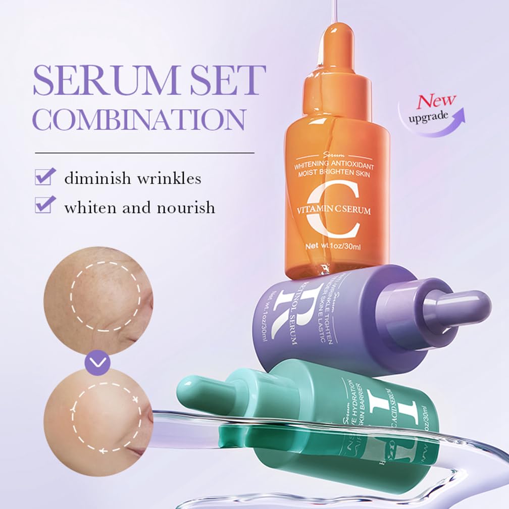 YUYUE-YY 3-PACK Face Serum for Women with Vitamin C, Retinol and Hyaluronic Acid, Age Defying skin care sets & kits, Oil Control, Blemish Reduction, Pore Convergence, Fine Lines & Wrinkle Reduction Gift Set
