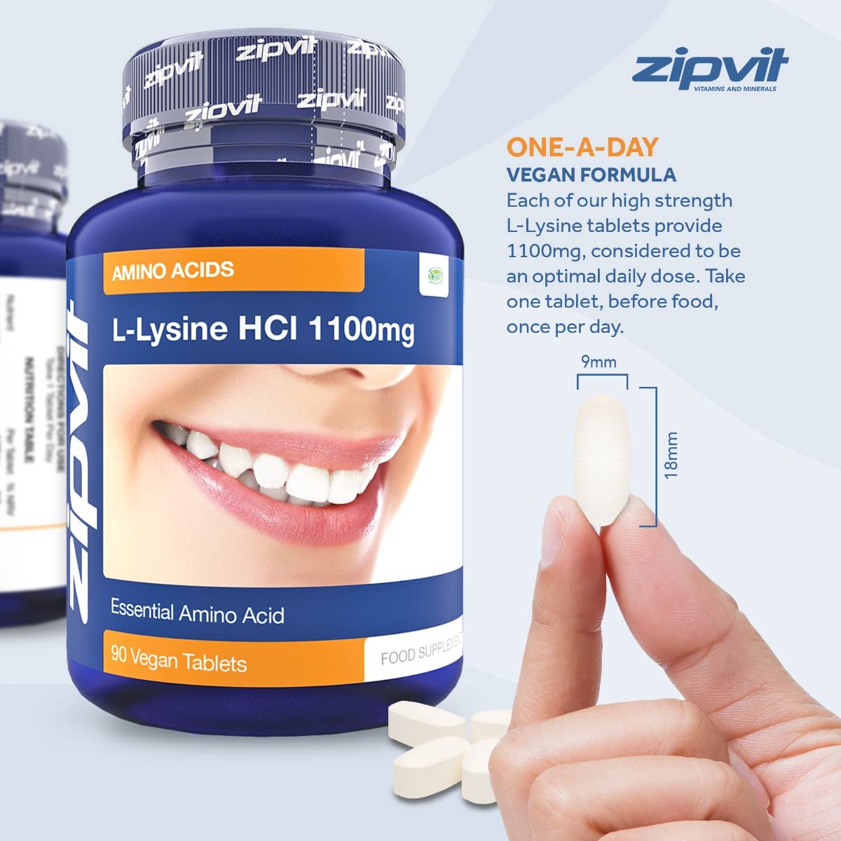 Zipvit L-Lysine 1100mg Tablets. High Strength Essential Amino Acid, Vegan and Vegetarian, 90 Tablets, 3 Months Supply