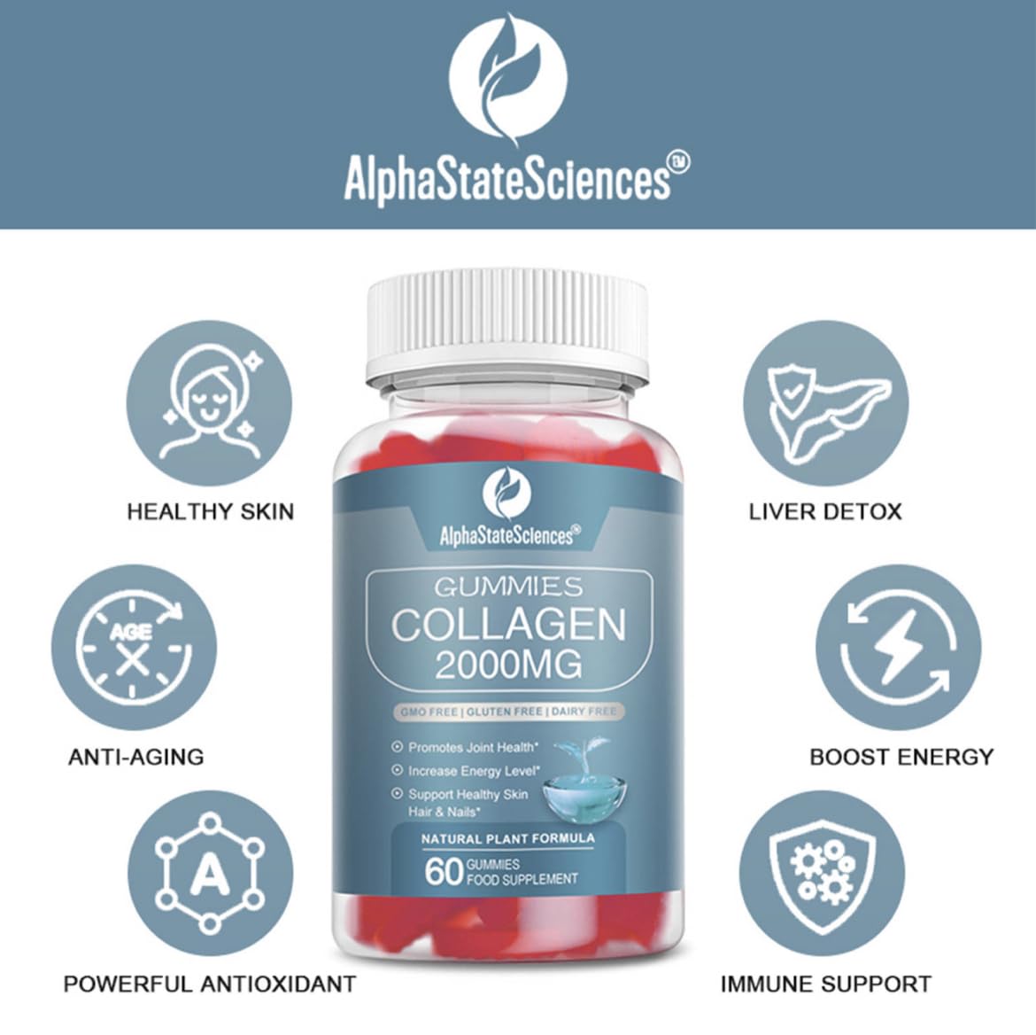 AlphaStateSciences **New**Advanced Collagen Gummies 2000mg - Promote Skin Elasticity, Hair Growth, and Joint Health - Delicious Berry Flavoured Gummy Vitamins for Youthful Radiance
