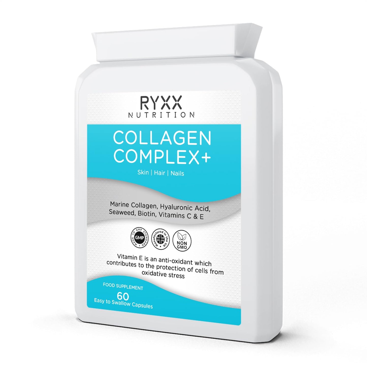 Collagen Complex + | Collagen Supplements for Women & Men | Contains Marine Collagen, Hyaluronic Acid, Seaweed, Biotin, Vitamin C & Vitamin E | 60 Capsules | Made in The UK by RYXX
