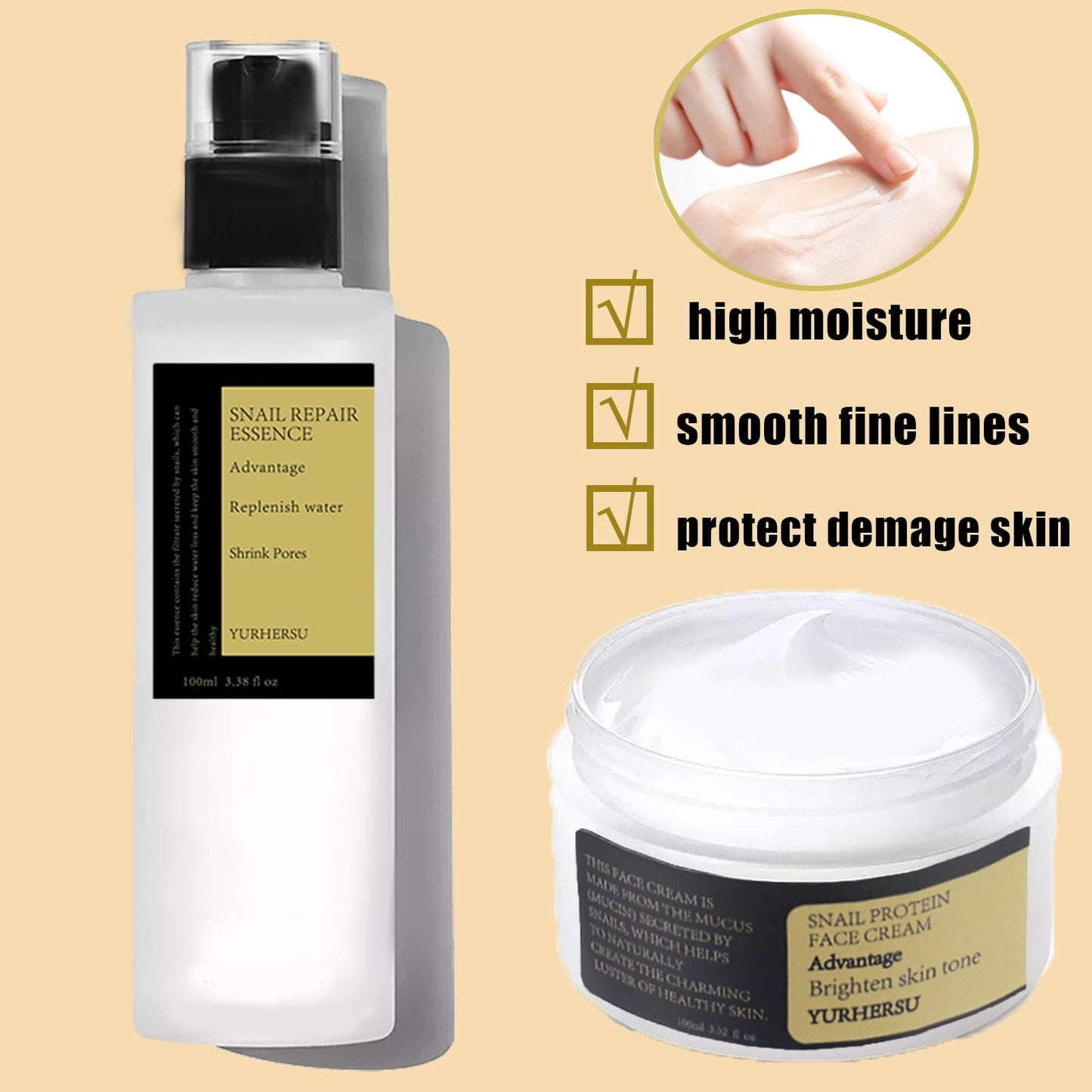 DMQ Snail Mucin Essence,Snail Mucin Skin Care Sets & Kits,Snail Mucin Face Cream for Anti Wrinkle,Hydrating Hyaluronic Acid Serum,Niacinamide Serum,Smooth Fine Lines & Face Moisturiser(Cream+Essence Set)