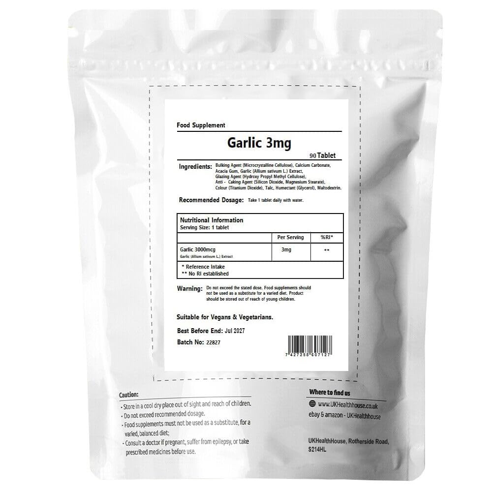 UKHealthHouse Garlic 3mg - Tablets - Pure Potent - Vegan - High Strength - 100% Natural Allicin Supplement - Odourless Garlic Pearls - One-a-Day Pills (90 tabs)