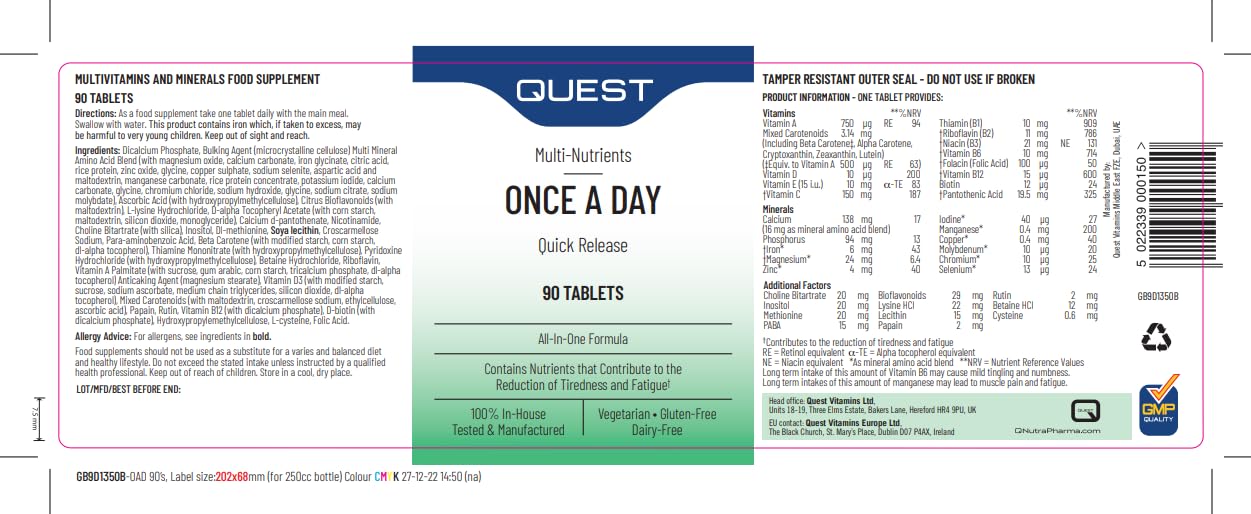 Quest - Once A Day Multivitamins and Minerals Supplements. Daily Vitamins for Men & Women to Support and Boost Overall Well Being. Vitamins C, D, B, Iron, Magnesium, Zinc and More (90 Tablets)