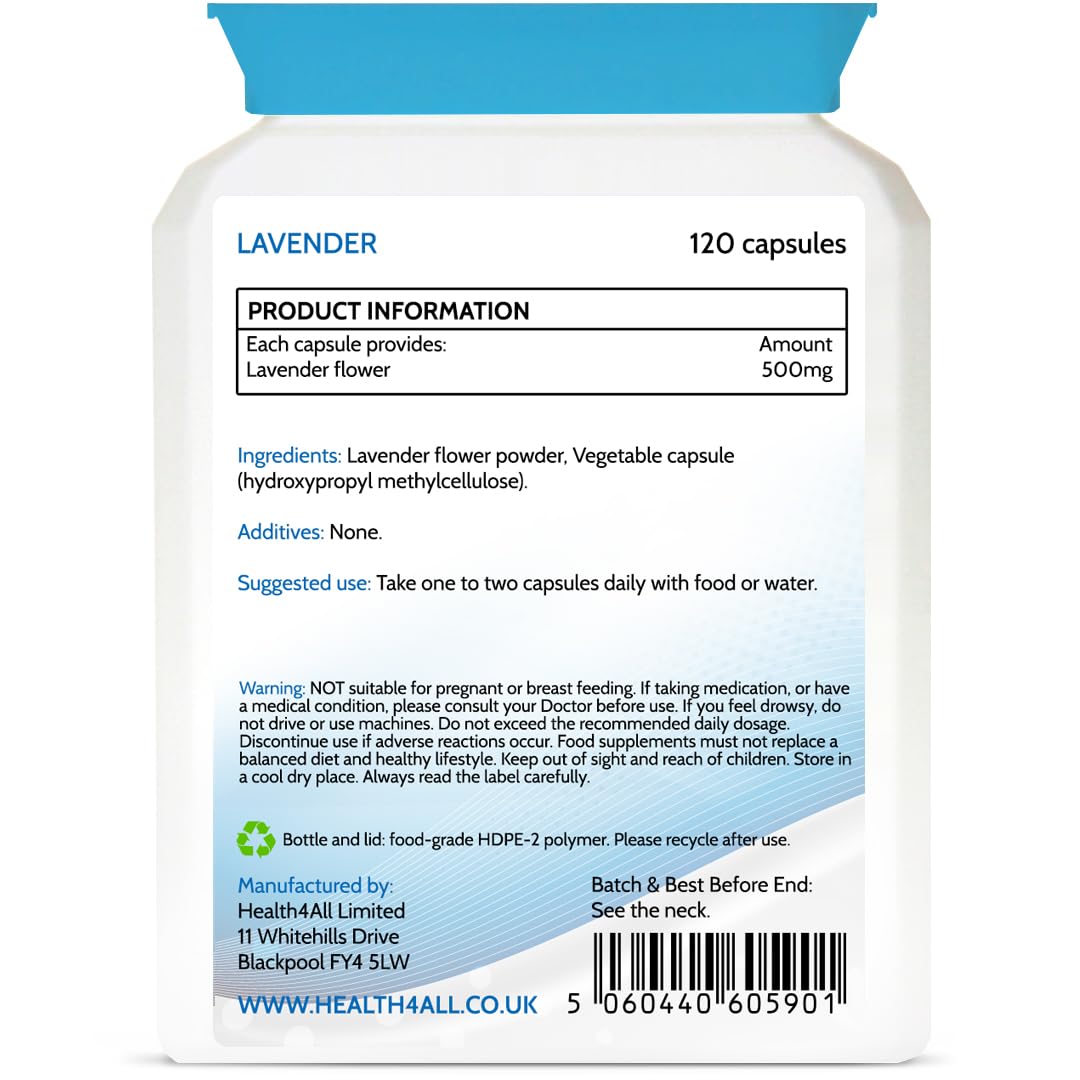 Health4All Lavender 500mg 120 Capsules (not Tablets or Oil) Purest - no additives. Vegan Lavender Capsules for Anxiety, Relaxation and Sleep