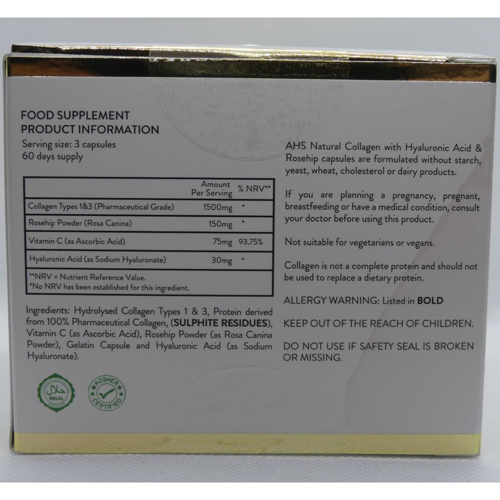 AHS Natural Collagen - Pack of 180 Capsules with Hyaluronic Acid and Rose Hip
