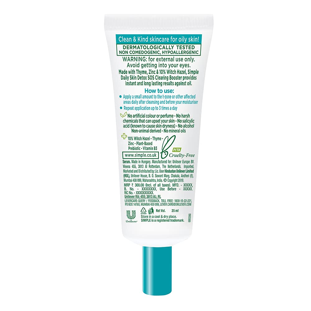 Simple Daily Skin Detox SOS Clearing with thyme, zinc, and witch hazel Booster long-lasting shine & blemish control 25ml - Packaging May Vary
