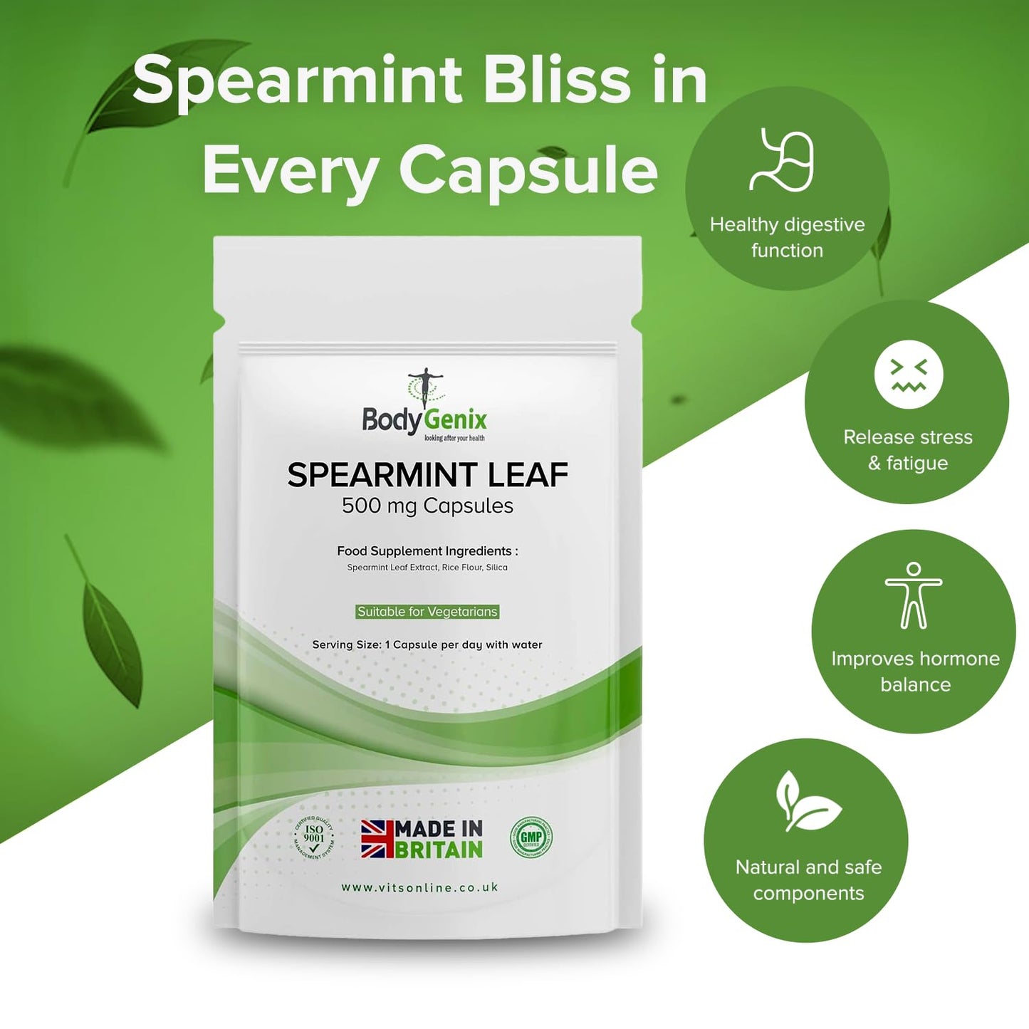 Bodygenix Spearmint Leaf Capsules - 500mg Hormonal Balance Digestive Health Fatigue & Stress Relief Support Antioxidant Formula Natural Food Supplement - 60 Capsules 2 Month Supply