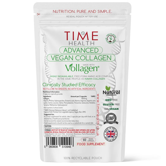 Time Health Vollagen® Advanced Vegan Collagen - 18 Amino Acid Complex in Ratio of Collagen - Studied Effectiveness - 60 Capsules - Vegetarian - Zero Additives - Pullulan (60 Capsule Pouch)