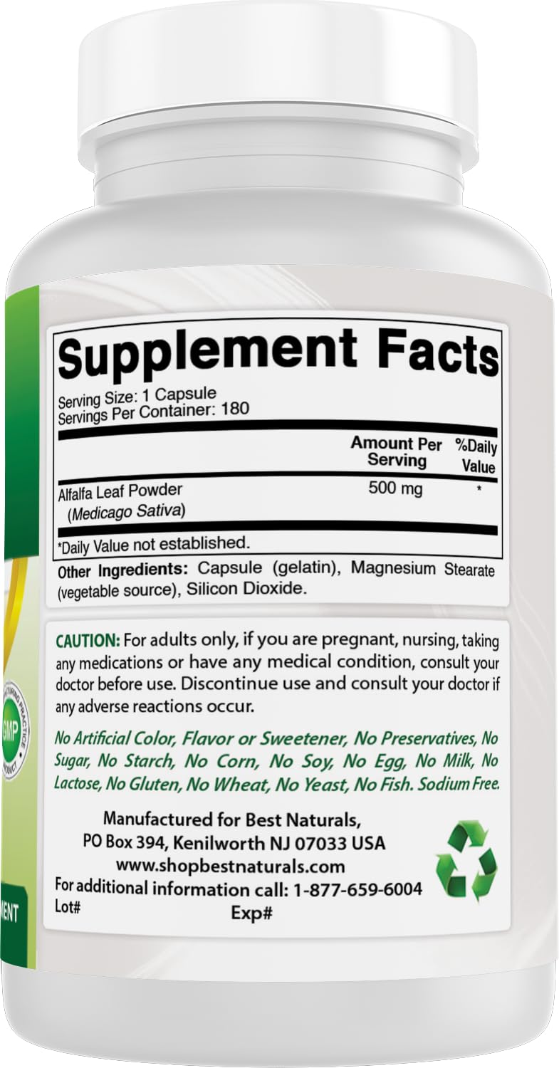 Best Naturals Alfalfa Green Super Food 500 mg 180 Capsules