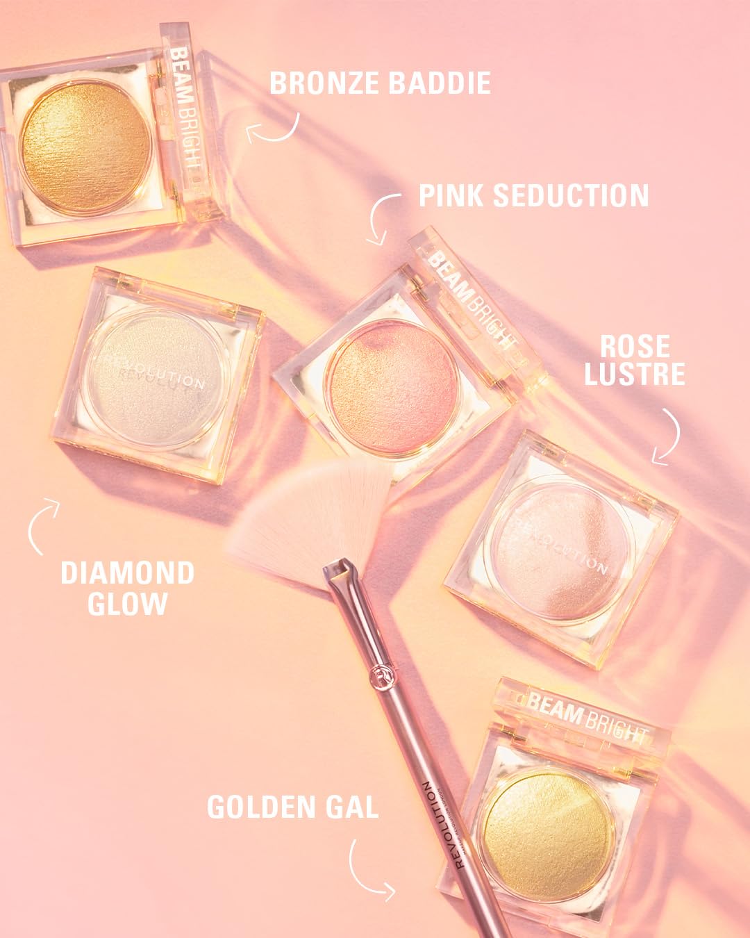 Makeup Revolution Beam Bright Highlighter, All Over Face Glow, Powder To Liquid Formula, 5 Different Shades, Pink Seduction