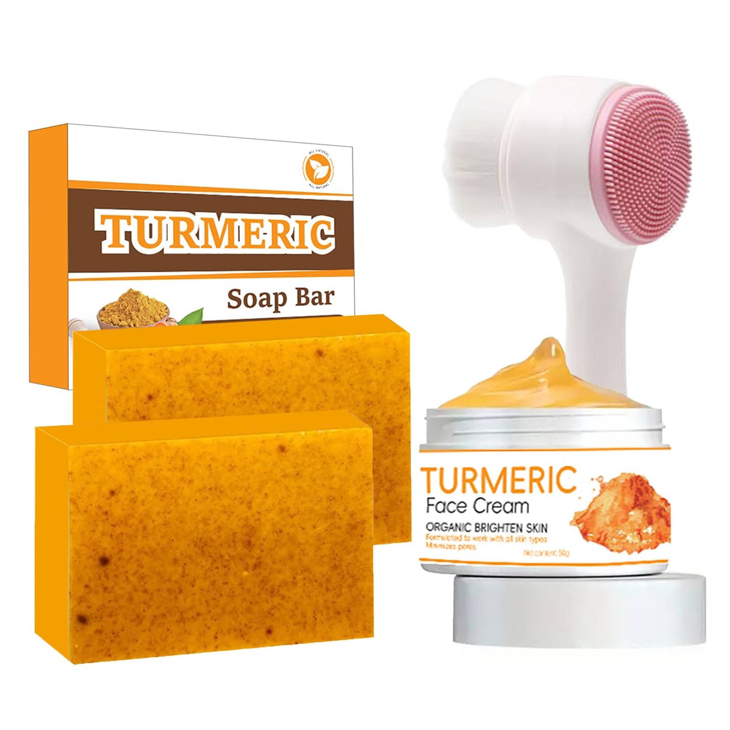2PCS Turmeric Soap Bar with Cream and Brush - Natural Kojic Acid, Collagen, Vitamin C, Dark Spot Remover for Even Skin Tone, Acne, Dark Spots, Smooth Skin