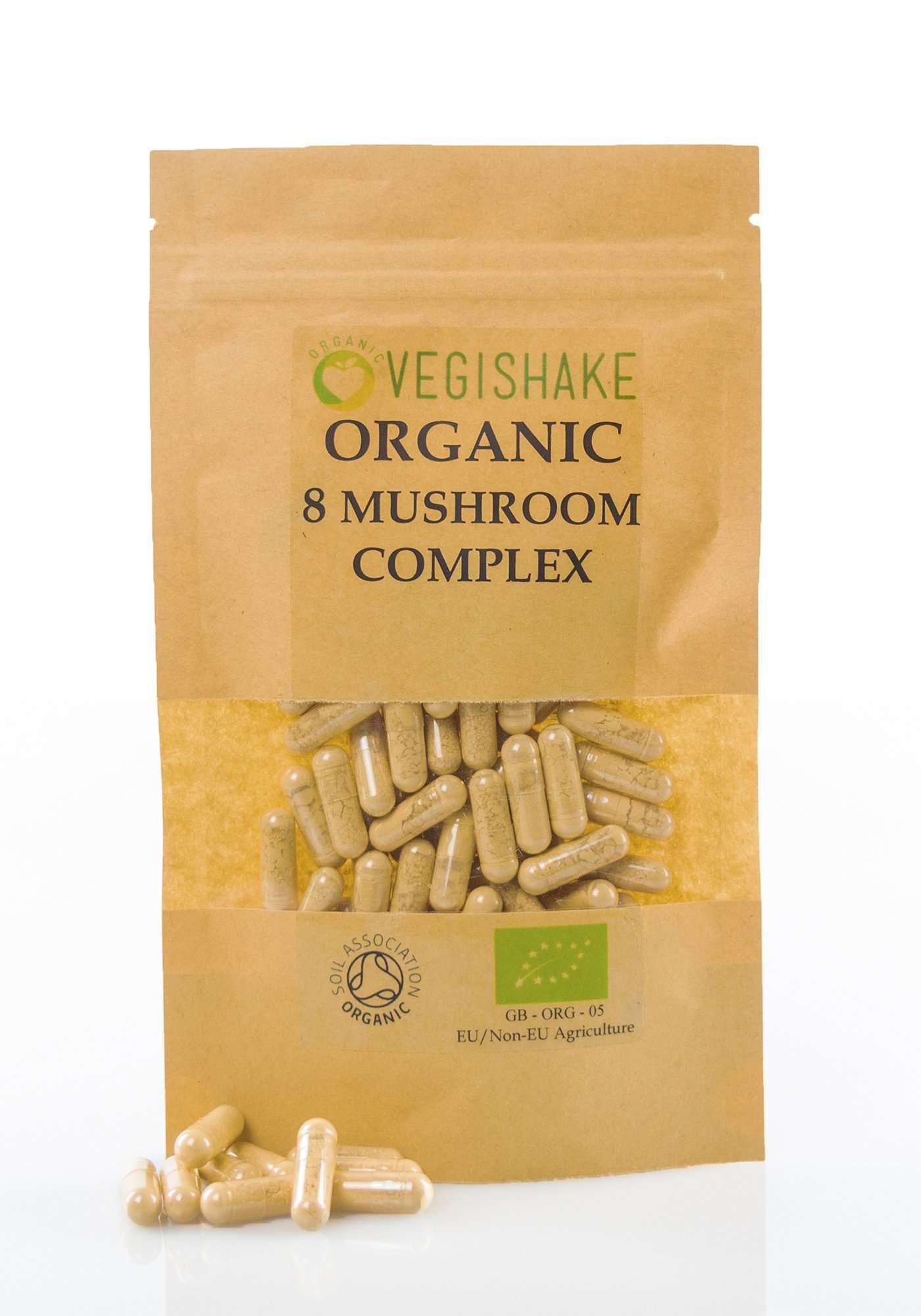 vegishake Organic 8 Mushroom 20:1 Extracts - Chaga Cordyceps Shiitake Reishi Lions Mane Maitake T.T Poria Cocos Complex Blends