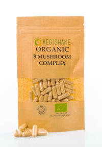 vegishake Organic 8 Mushroom 20:1 Extracts - Chaga Cordyceps Shiitake Reishi Lions Mane Maitake T.T Poria Cocos Complex Blends