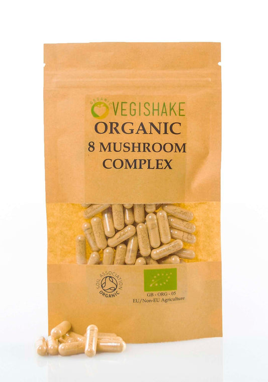 vegishake Organic 8 Mushroom 20:1 Extracts - Chaga Cordyceps Shiitake Reishi Lions Mane Maitake T.T Poria Cocos Complex Blends